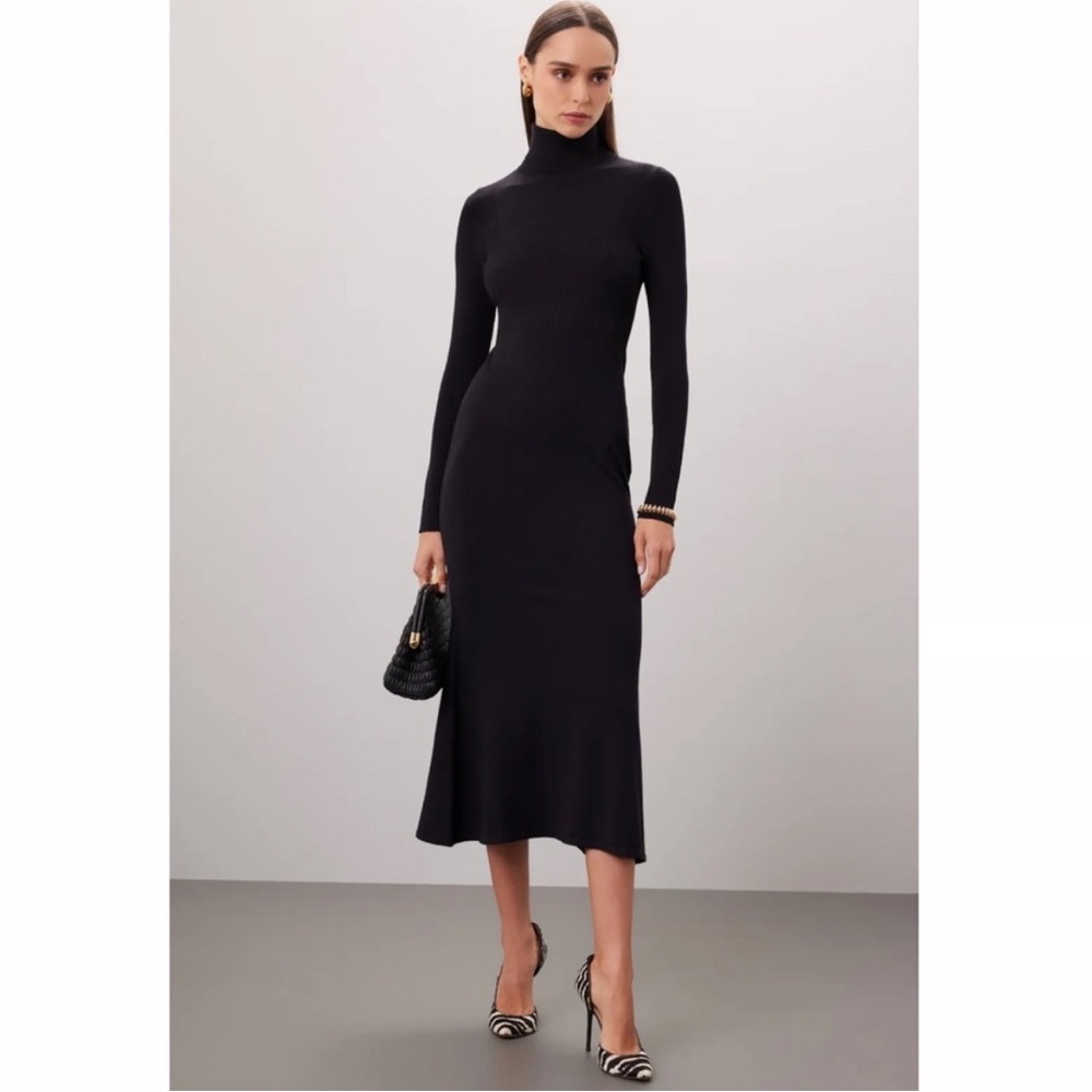 Toccin Dark Gray Ribbed Turtleneck Long Sleeve Midi Sweater Dress XS